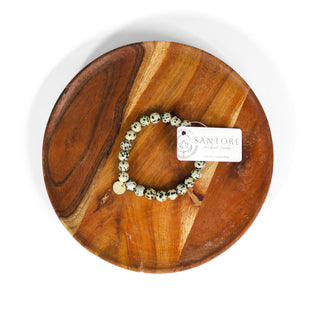 Dalmation Jasper beaded gemstone bracelet. Off white beads with black spotting for playful energy. 