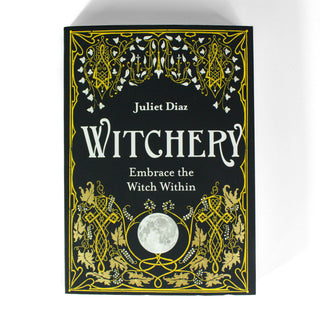 Cover of Witchery Embrace the Witch Within by Juliet DIaz. Cover is black with gold leaves and script and a full moon at the bottom center. 