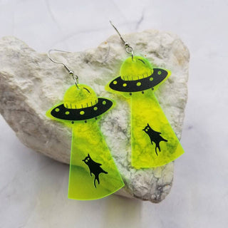 Beam Me Up Kitty Earrings | UFO & Black Cat Acrylic Dangles