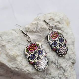 Floral Sugar Skull Earrings | Colorful Calavera Dangles