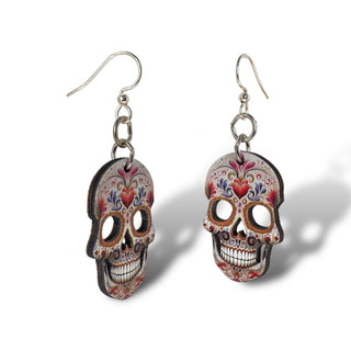 Sugar Skull Heart Earrings | Laser-Cut Wood & Stainless Steel