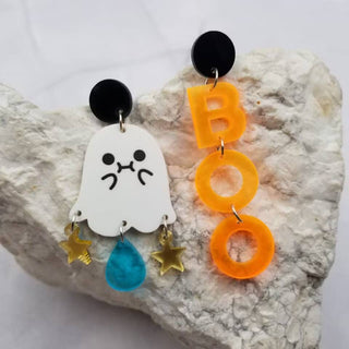 Boo Ghost Asymmetrical Earrings | Halloween Acrylic Dangles