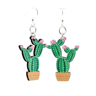 Flowering Cactus Earrings | Laser-Cut Wood & Stainless Steel