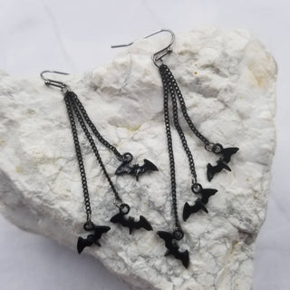 Black Bat Chain Earrings | Gothic Triple-Dangle Earrings