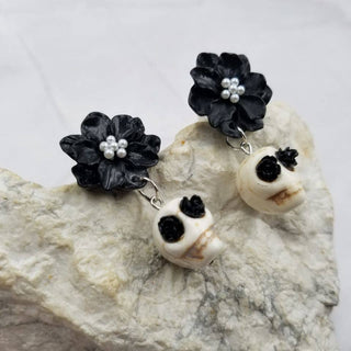 Gothic Black Flower Skull Earrings | Resin Floral Dangles