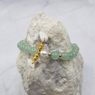 Pale Green Gemstone Bracelet | White Flower Charm Stretch Bracelet