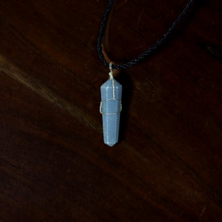 Wire Wrapped Angelite Point Pendant w. Black Cord