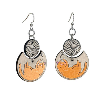 Cat and Yarn Wood Earrings for Cat Lovers