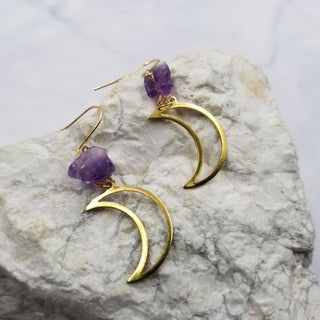 Amethyst Crystal Moon Earrings | Raw Stone Crescent Dangles