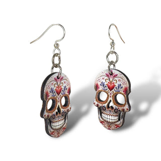 Sugar Skull Heart Earrings | Laser-Cut Wood & Stainless Steel