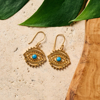 Firoza Evil Eye Dangle Earrings | Brass and Turquoise Glass