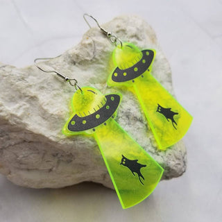 Beam Me Up Kitty Earrings | UFO & Black Cat Acrylic Dangles