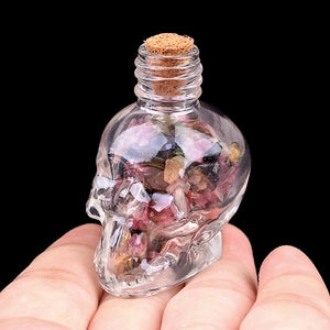 Glass Skull Bottle w. Crystal Chips