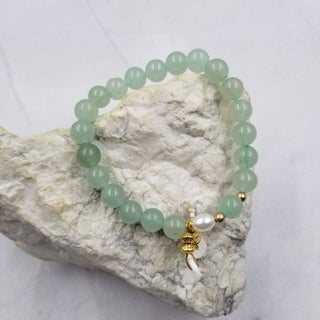 Pale Green Gemstone Bracelet | White Flower Charm Stretch Bracelet