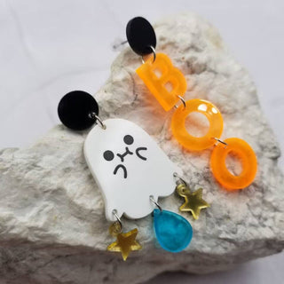 Boo Ghost Asymmetrical Earrings | Halloween Acrylic Dangles