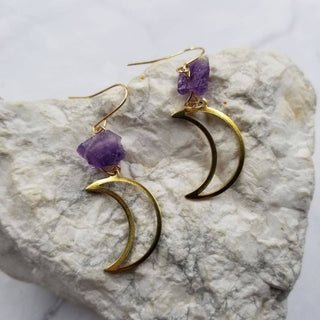 Amethyst Crystal Moon Earrings | Raw Stone Crescent Dangles