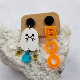 Boo Ghost Asymmetrical Earrings | Halloween Acrylic Dangles