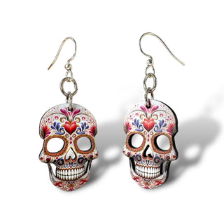 Sugar Skull Heart Earrings | Laser-Cut Wood & Stainless Steel