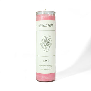 Pink 7 day ritual candle in glass jar. Label has a drawing of an anatomical heart with flowers growing out of it. 