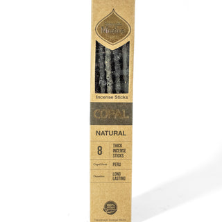 Box of Copal natural thick incense sticks. Front of box is clear so you can see the thick blue sticks. Box is kraft brown. 