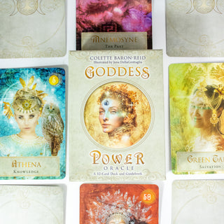 Box of the Goddess Power Oracle Deck by Colette Baron Reid. Box is tan with a woman shown surrounded by gold and stars in the center. Other cards from the deck surround it.