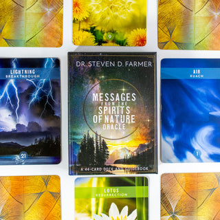 Box of the Messages From the Spirits of Nature Oracle Deck shows a mountain landscape with trees in a cloudy night starry sky. Other cards from the deck surround it.