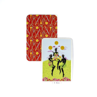 The 3 of Discs card from the True Heart Intuitive tarot shows three people with foliage as clothing in a field. A second card shows the back of the deck, red with images of each of the suits