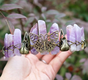 Natural Crystal Crown | Bronze Butterfly & Raven Skull Headband
