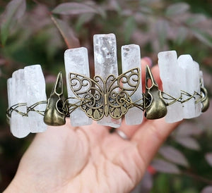 Natural Crystal Crown | Bronze Butterfly & Raven Skull Headband