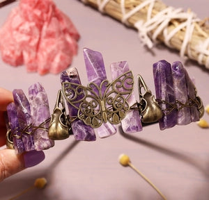 Natural Crystal Crown | Bronze Butterfly & Raven Skull Headband