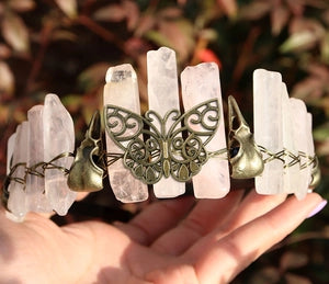 Natural Crystal Crown | Bronze Butterfly & Raven Skull Headband