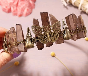 Natural Crystal Crown | Bronze Butterfly & Raven Skull Headband