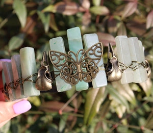 Natural Crystal Crown | Bronze Butterfly & Raven Skull Headband