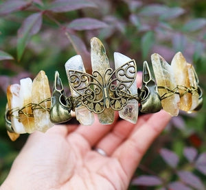 Natural Crystal Crown | Bronze Butterfly & Raven Skull Headband