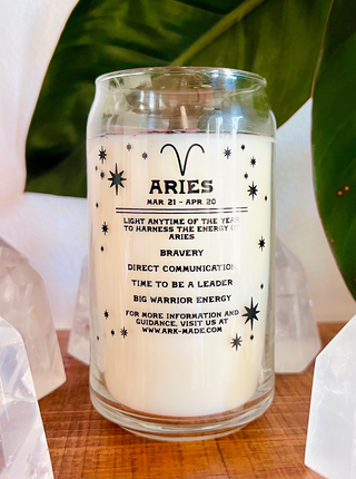 Back of Aries zodiac candle with characteristics of Aries! Bravery, leadership and warrior energy.