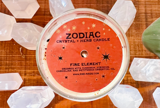 Top label of Aries Zodiac crystal and herb candle. 