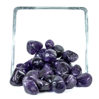 15 dark purple tumbled Amethyst pocket stones in a glass bowl on white background. 