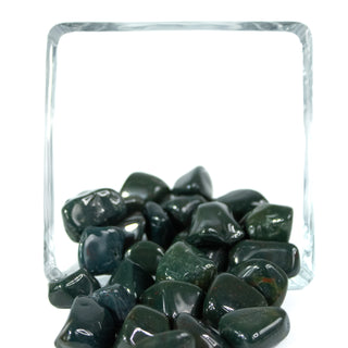 Handful of tumbled Bloodstone pocket stones in a glass bowl against a white background. Stones are deep green with red and white flecks. 