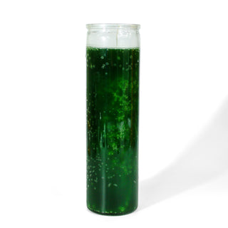 Green 7 day tall jar candle for ritual, energy work and spellwork.  Useful for money and abundance.