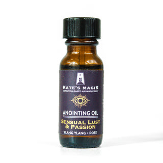 Sensual Lust and Passion anointing oil in a small amber bottle with purple label. 