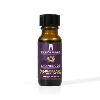 Fearlessness and Confidence anointing oil by Kates Magik in a .5 ounce amber bottle.