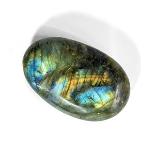 Oval shaped Labradorite palm stone with hues of blues and greens with flashes of orange.