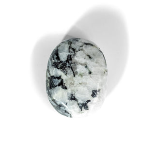 One rainbow moonstone palmstone in iridescent white with black spots.
