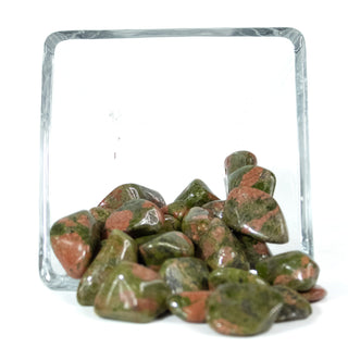Unakite tumbled pocket stone for emotional healing in natural variation of shapes and colors, greens and pinks.