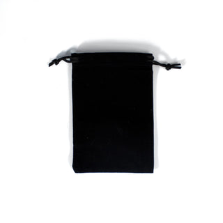 Black velvet pouch with drawstring on a white background.