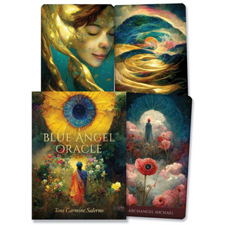 Guidebook of the Blue Angel Oracle Deck surrounded by three example cards. Images show people in ethereal and mystic settings with a title of each card at the bottom.
