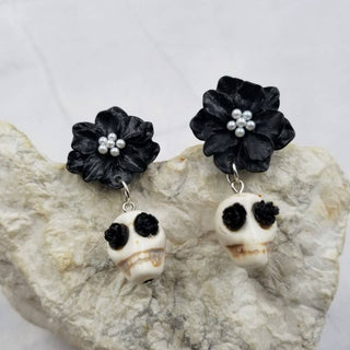 Gothic Black Flower Skull Earrings | Resin Floral Dangles