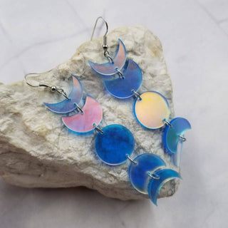 Moon Phases Holographic Earrings | Iridescent Celestial Dangles