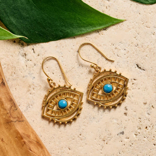 Firoza Evil Eye Dangle Earrings | Brass and Turquoise Glass