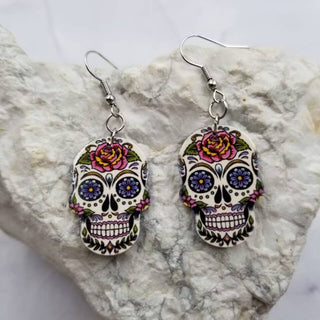 Floral Sugar Skull Earrings | Colorful Calavera Dangles